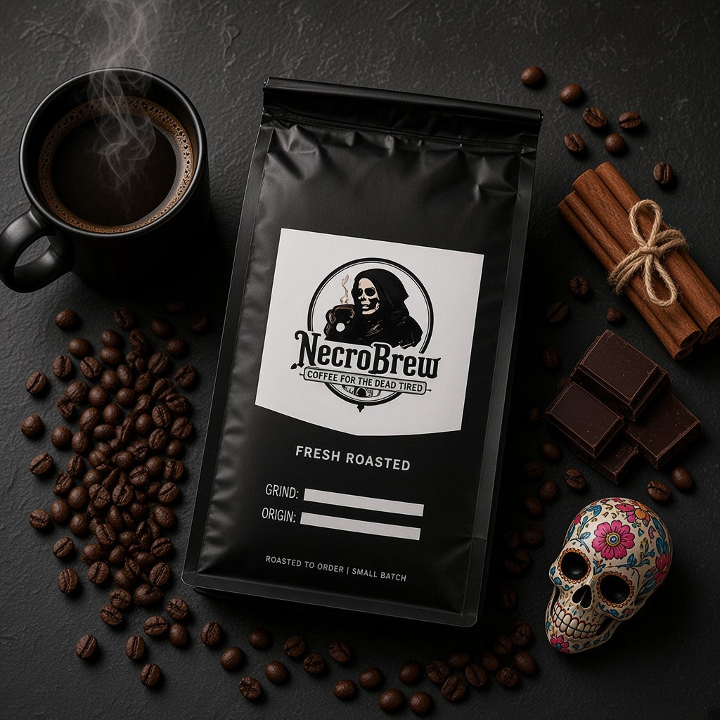 Flat lay of NecroBrew Mexico coffee with a sugar skull, cinnamon, chocolate and a steaming mug