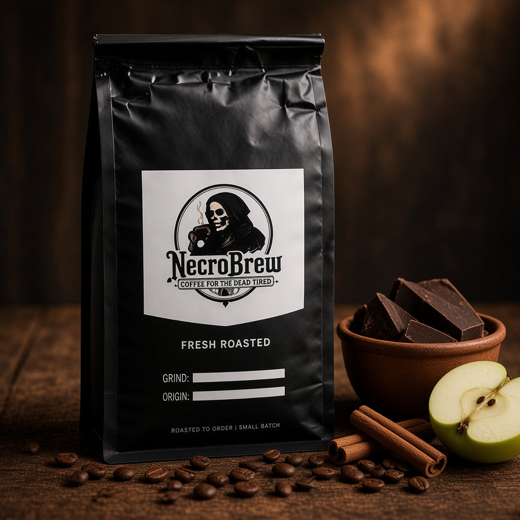 NecroBrew Mexico Chocolate & Cinnamon coffee bag with dark chocolate, cinnamon sticks and green apple